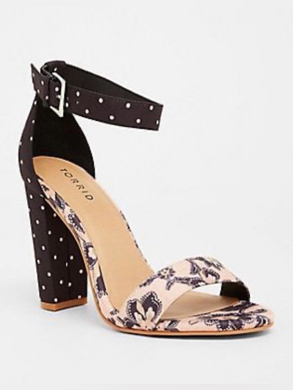 Torrid|Mixed pattern Paisley & Polka Dot Chunky Block Heel Sandal,Open Toe Ankle